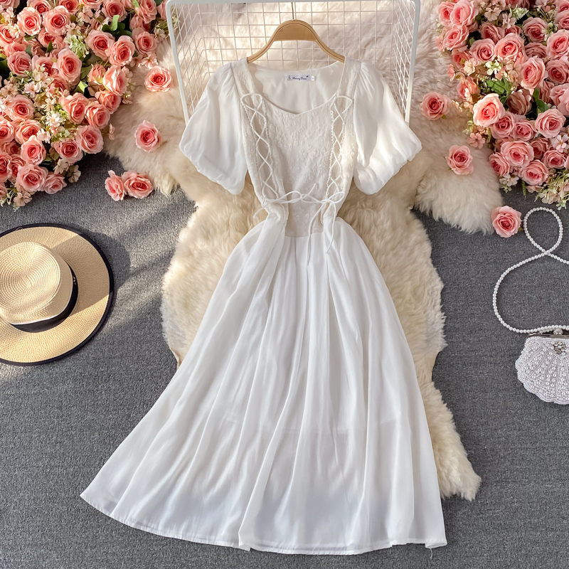 White lace A line short dress fashion dress