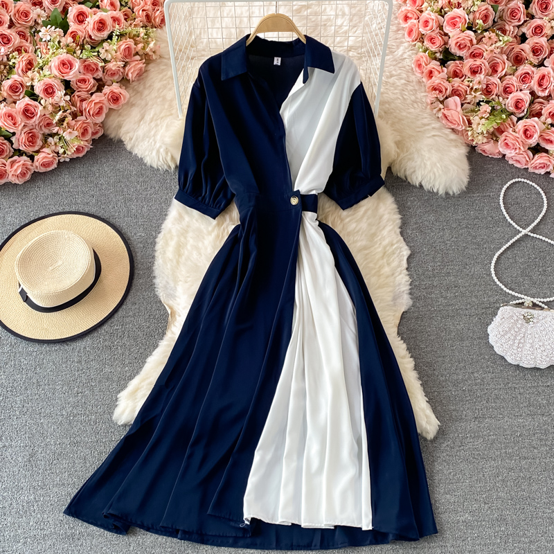 navy blue dress for baby girl Joseph Ribkoff Color Block A-Line Midi Dress Style 261067 Midnight Blue/Vanilla / 6 main image 1