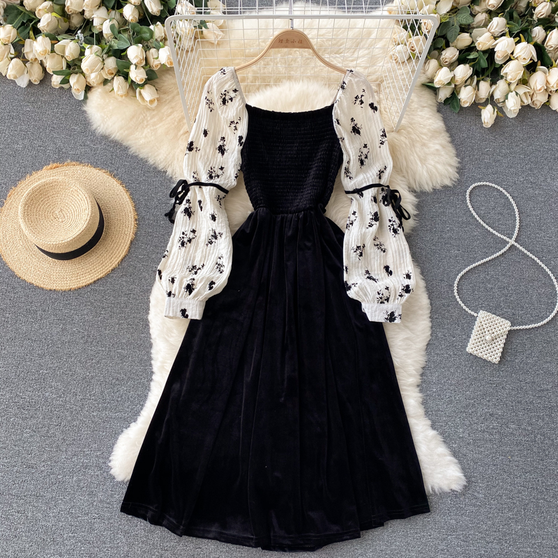 Black velvet A line long sleeve dress fashion dress