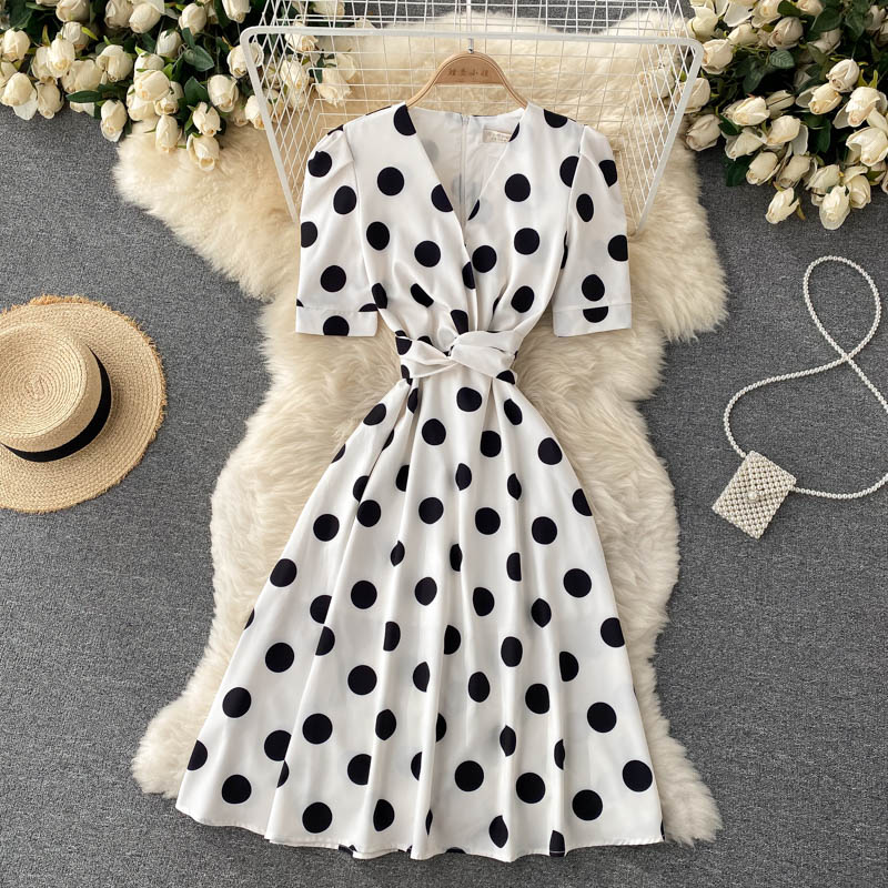 Cute Polka Dot V Neck Short Dress Fashion Dress