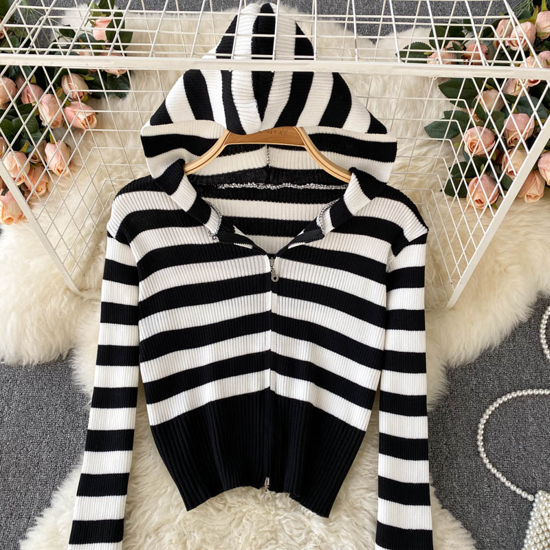 Simple Striped Long-sleeved Hooded Sweater Short Top