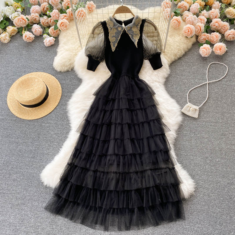 Stylish black A line knitted patchwork dress