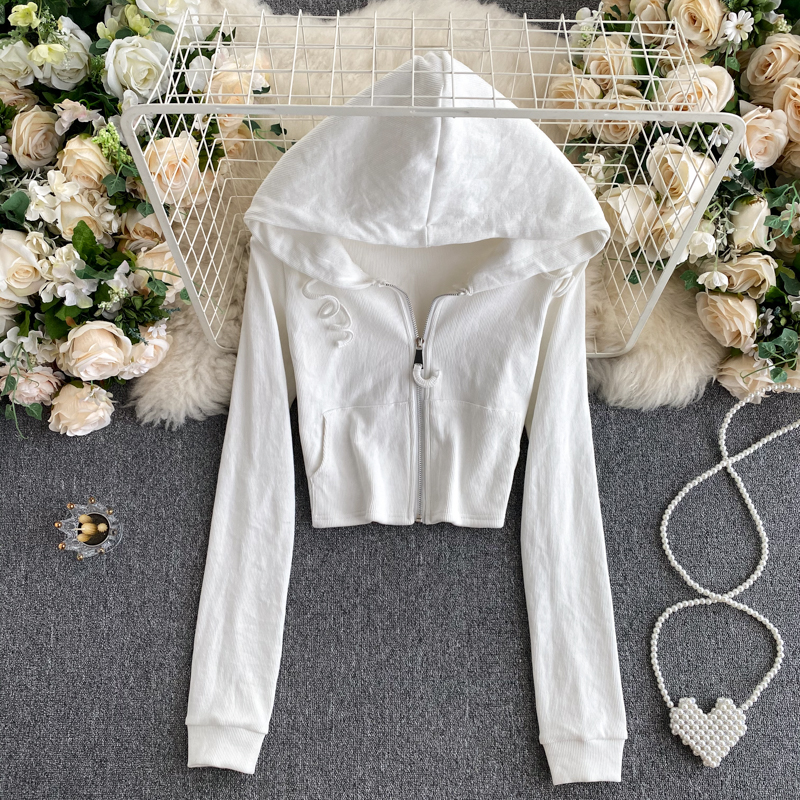 Fashionable Autumn Long-sleeved Short Jacket White Hoodie
