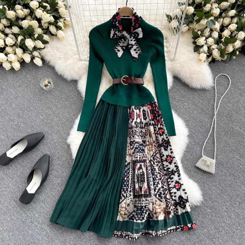 Elegant Long-sleeved Knitted Patchwork Dress A Line Fashion Dress