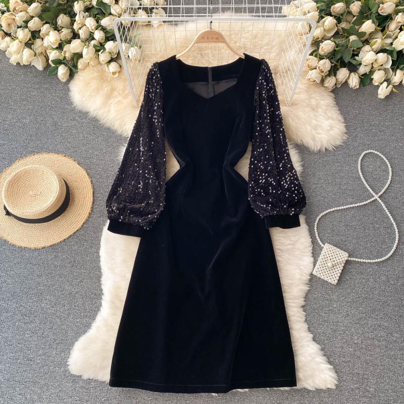 Black Velvet Long Sleeve Dress Fashion Dress