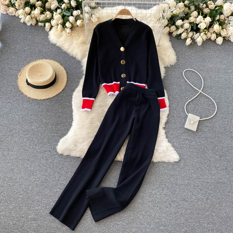Autumn V-neck Long Sleeve Knit Cardigan Short Top High Waist Wide Leg Pants Two-piece Set