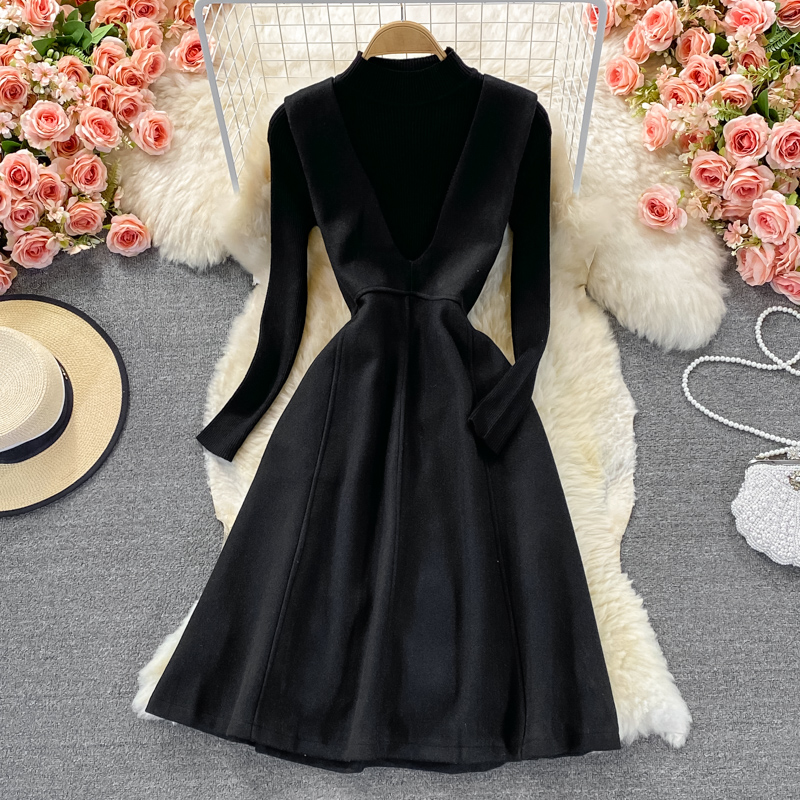 Black Two Pieces Dress Black Knitted Sweater + Woolen Sleeveless Dress