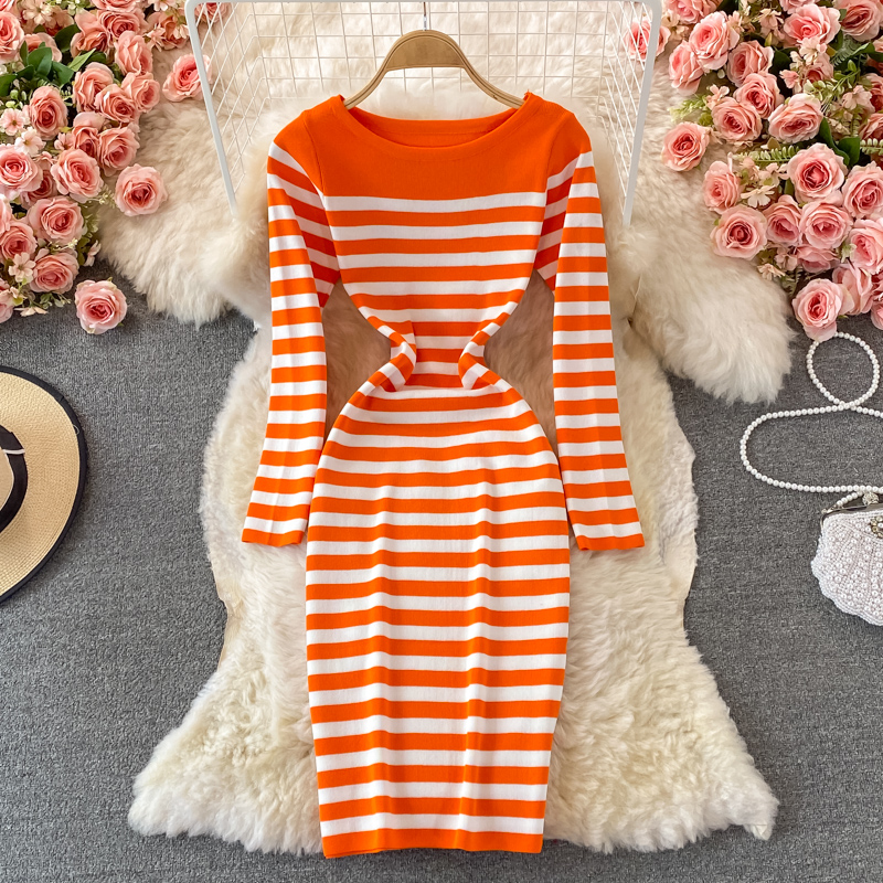 Simple Striped Knitted Long-sleeved Sweater Sweater Dress