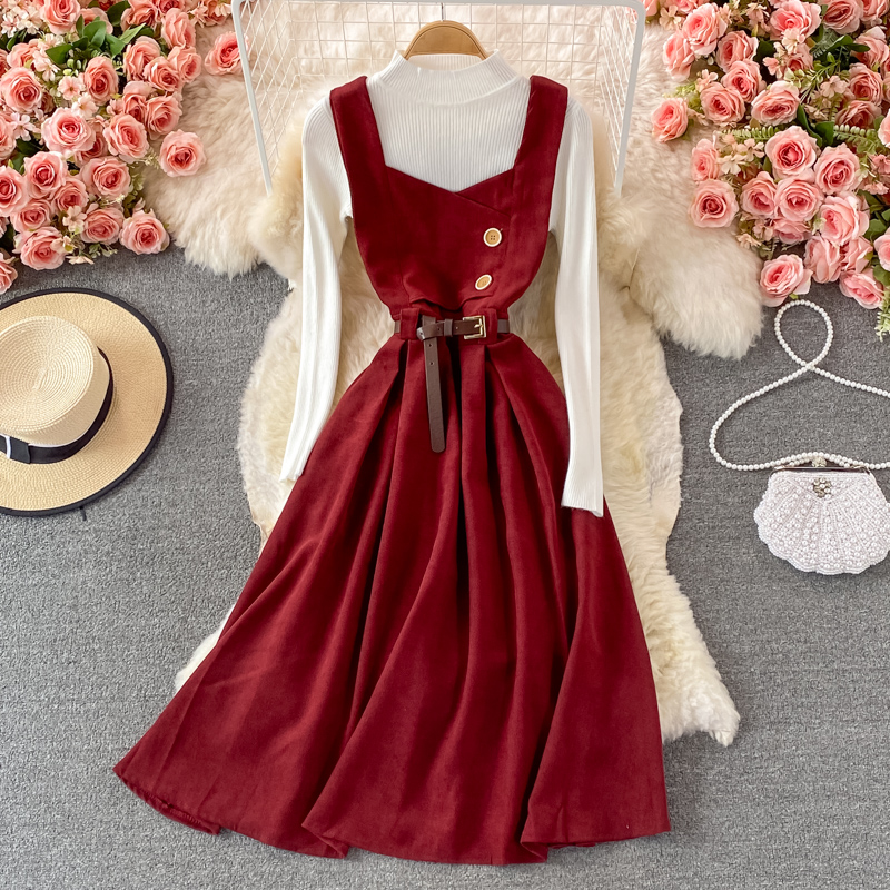 Retro suspender skirt, waist and corduroy dress, two-piece stand-up collar knitted bottoming shirt