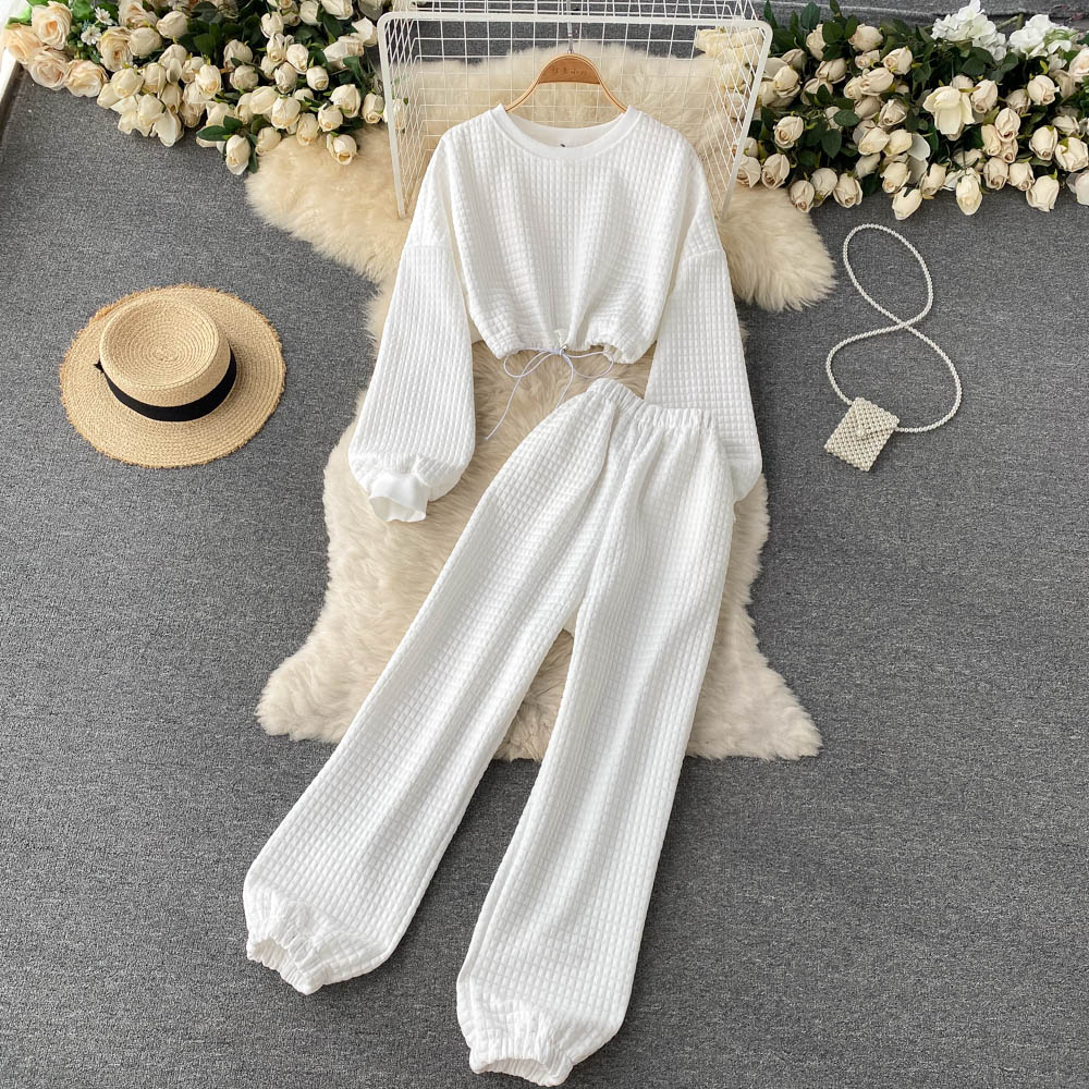 Chic Short Waist Tie-up Top High-waist Straight-leg Sports Trousers Fashion Two-piece Suit