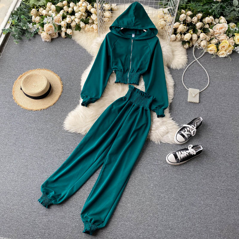 Chic Short Waist Tie-up Top High-waist Straight-leg Sports Trousers Fashion Two-piece Suit