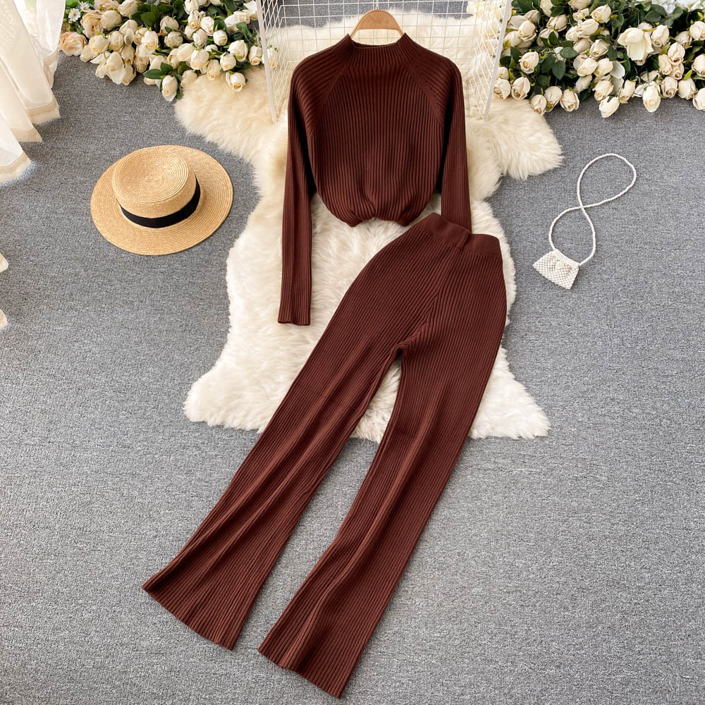 Simple Base Knitted T-shirt High Waist Slim Trousers Two-piece Suit