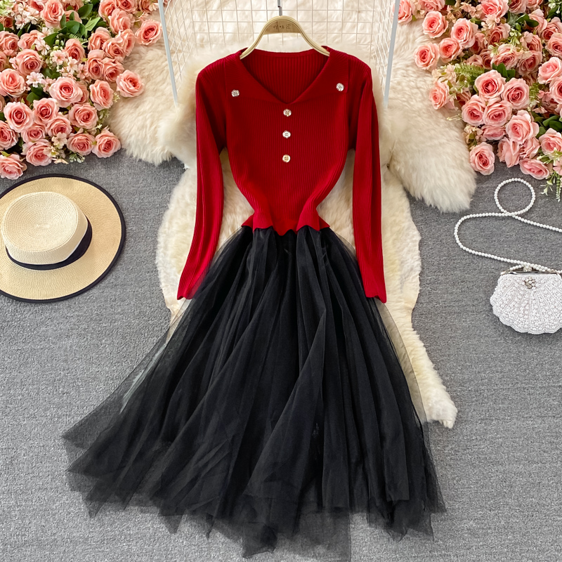 Lovely Knitted Patchwork Tulle Dress A Line Fashion Dress