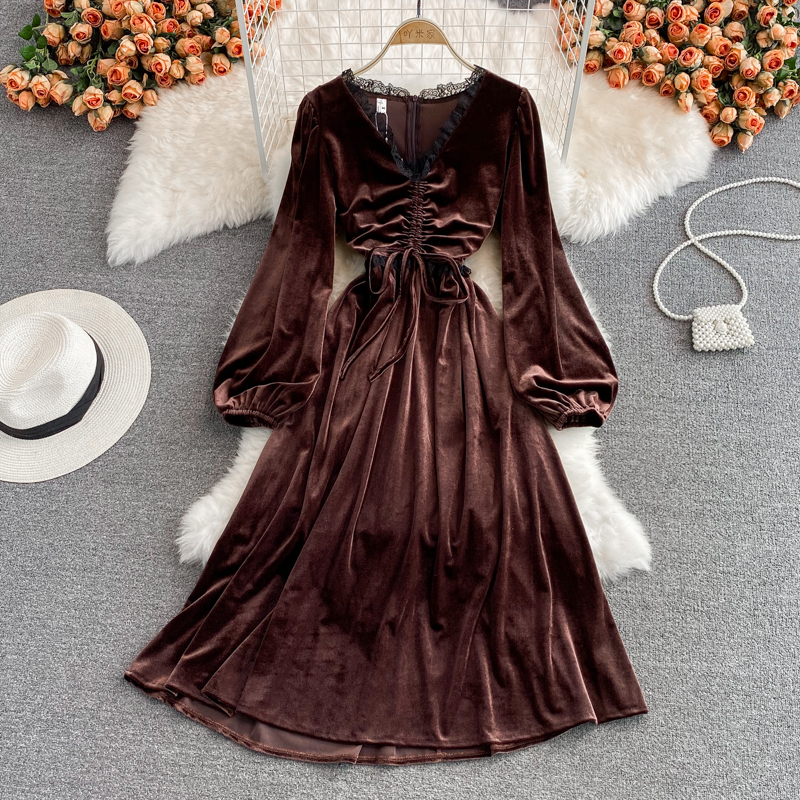 Autumn And Winter Lace Stitching V-neck Velvet Dress Fashion Dress on Luulla