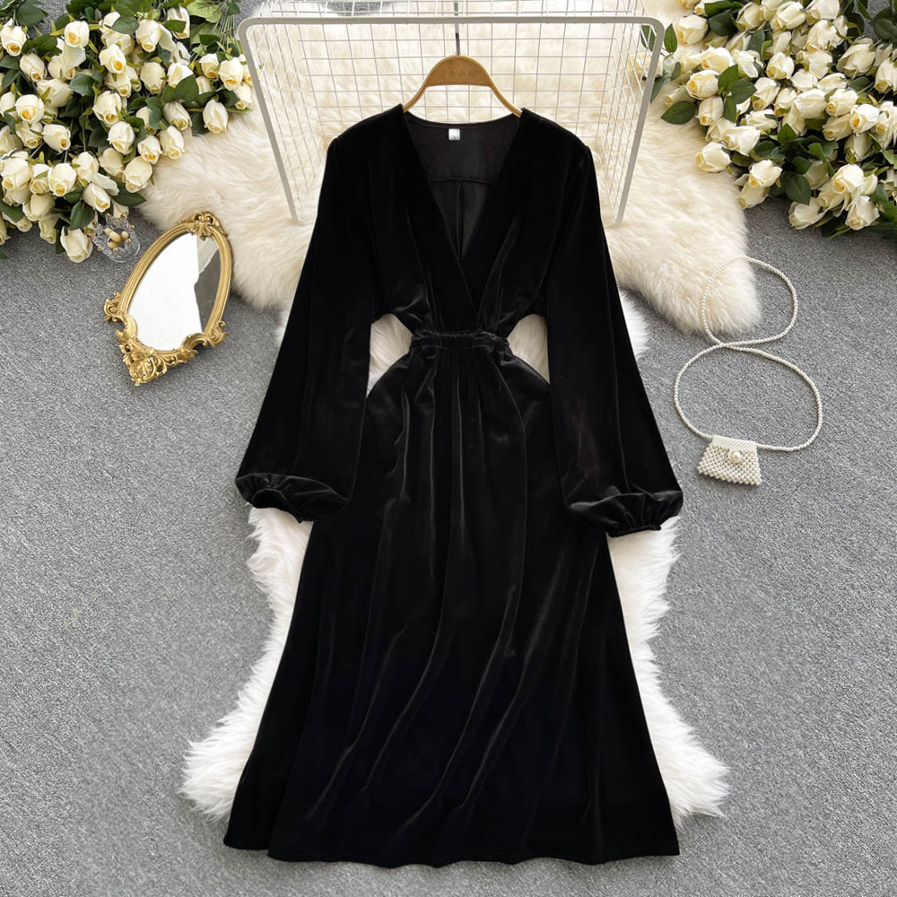 Black V Neck Long Sleeve Dress Simple Fashion Dress