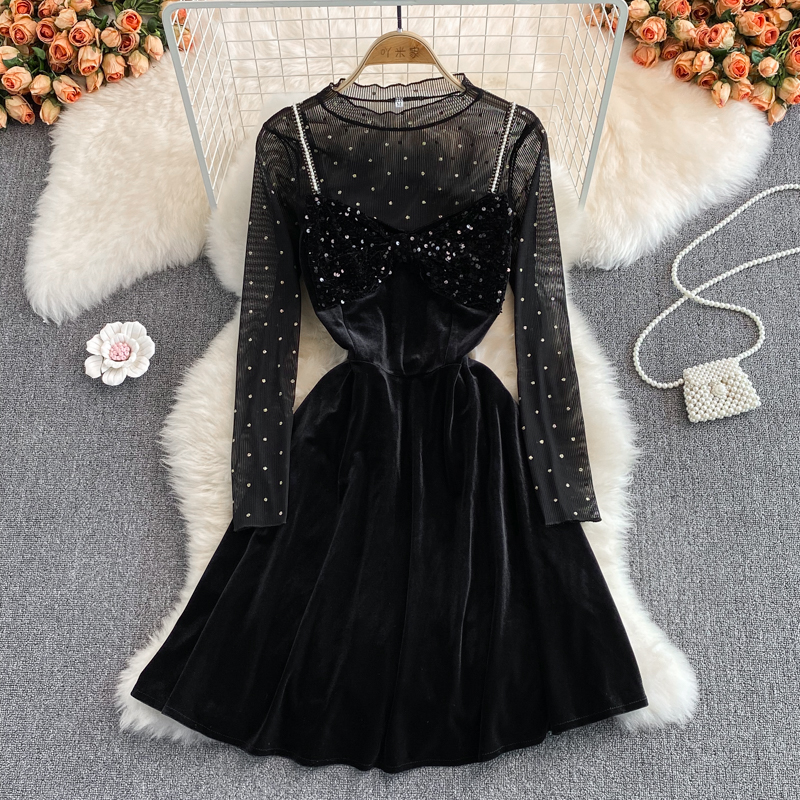 Black Velvet Sequins Short Dress Two Pieces Fashion Dress