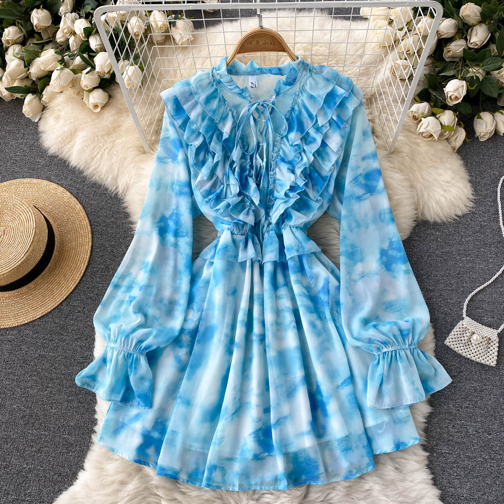 Stylish Blue Long Sleeve Dress A Line Fashion Dress