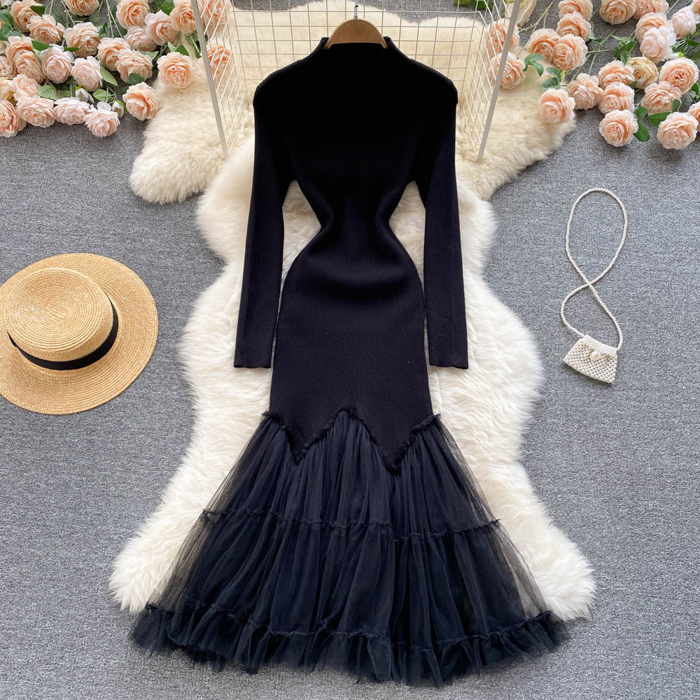 Black knitted fishtail dress black fashion dress