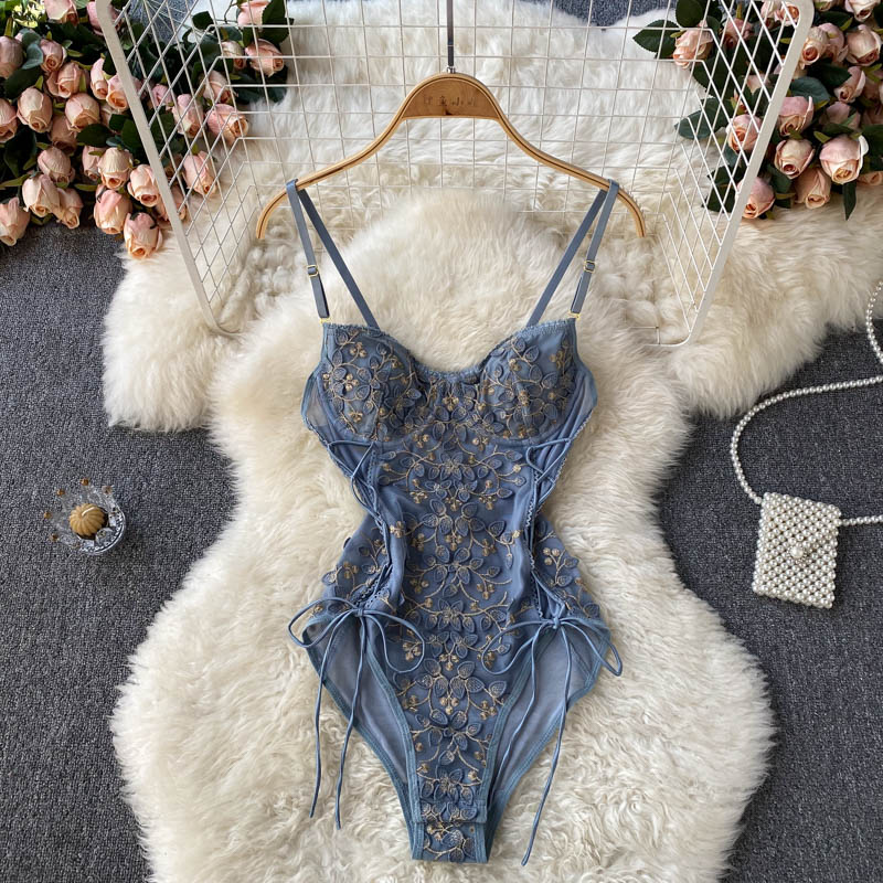 Embroidered lace sexy pajamas women's camisole one-piece tight transparent underwear