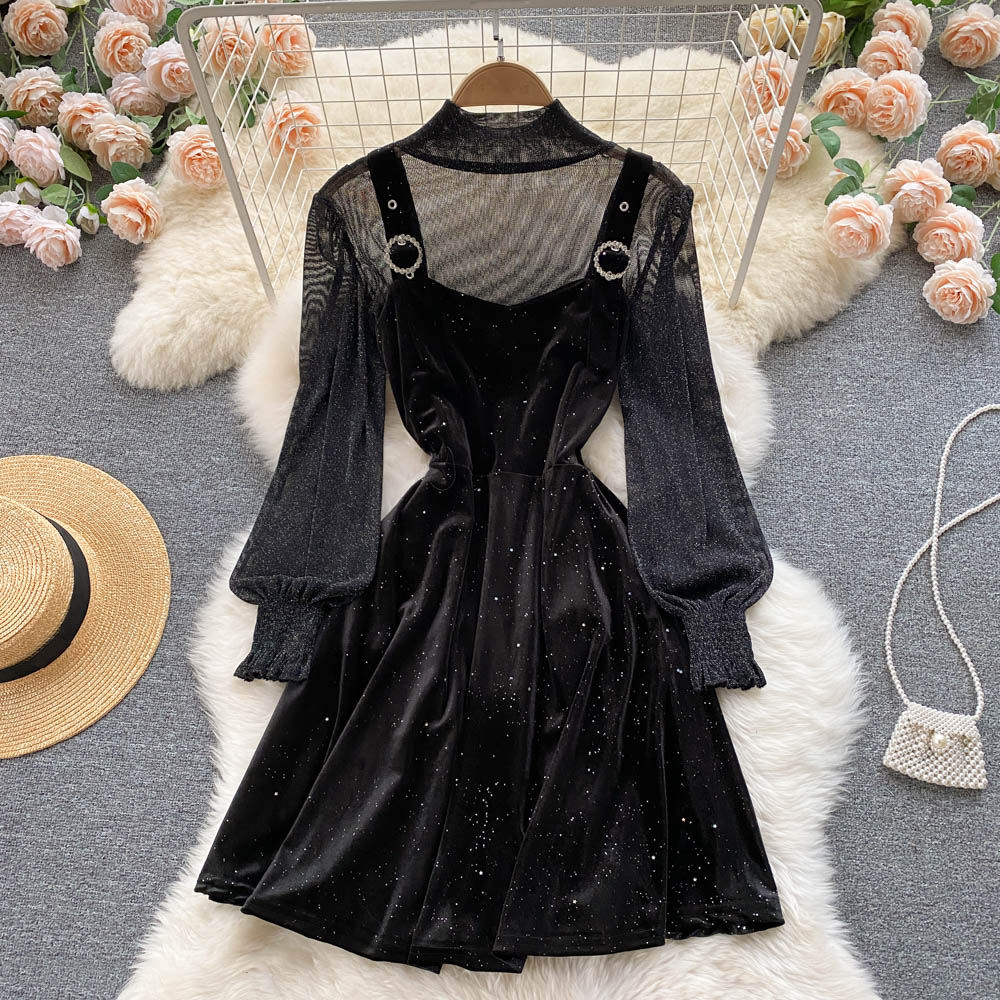 Fashionable see-through base coat + velvet strap dress