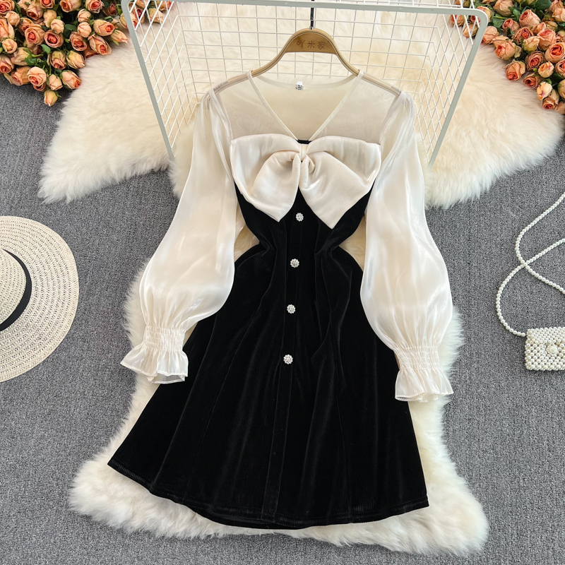 Cute V-Neck Bow Long Sleeve Dress Black Fashion Dress Cute V-Neck Bow Long Sleeve Dress Black Fashion Dress