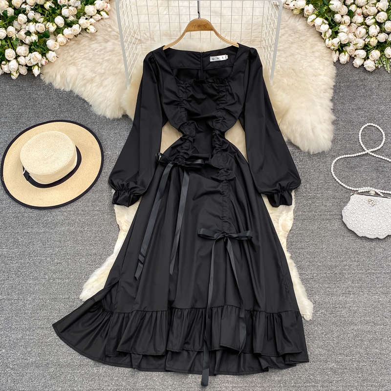 Retro Puff Sleeve Square Neck Dress Waist Bandage Black Dress