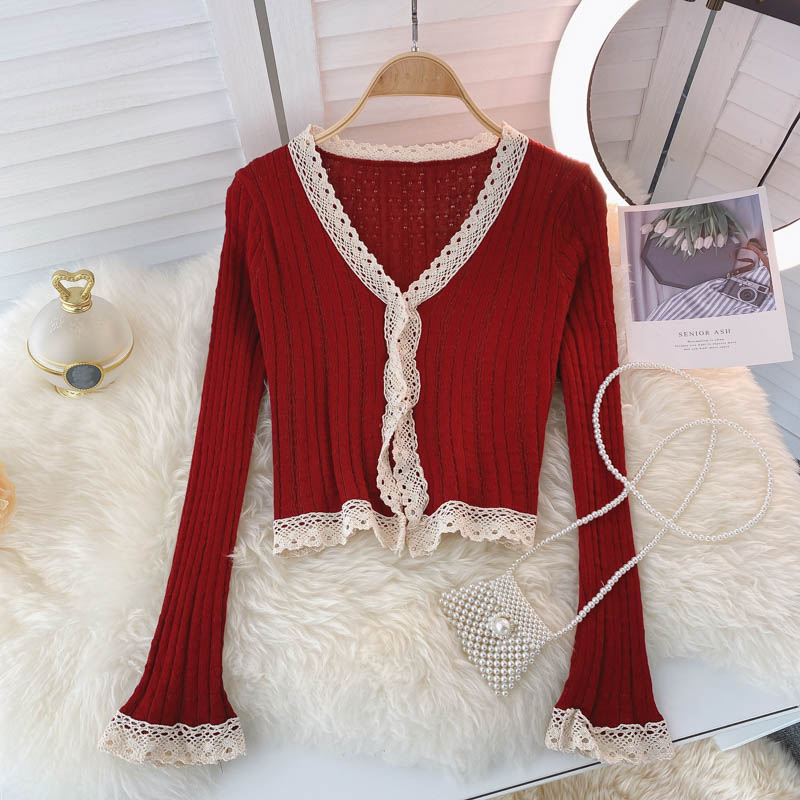 Knitted Top Women Autumn V-neck Lace Stitching Knitted Cardigan