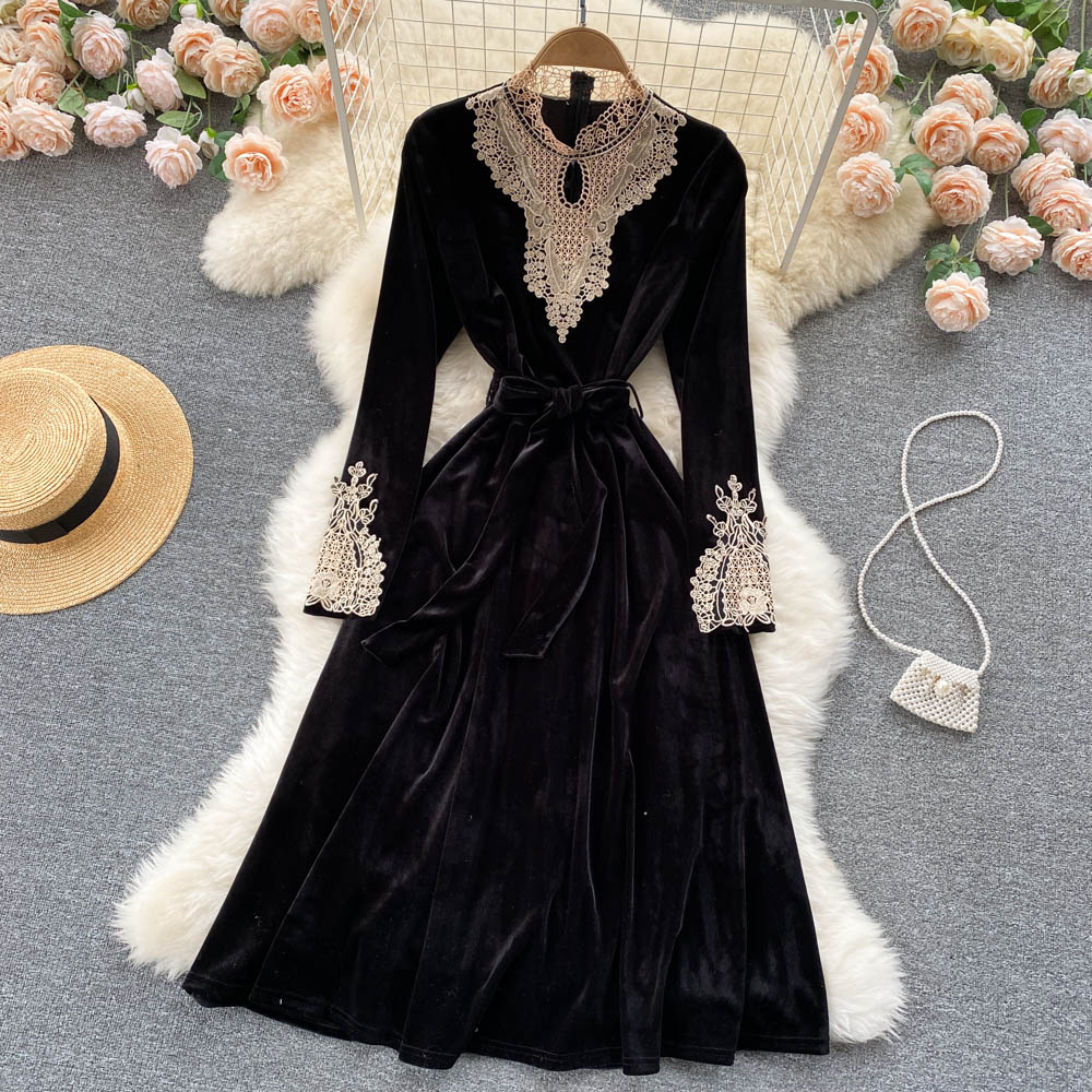 Black Velvet Lace Long Sleeve Dress Fashion Dress Black Velvet Lace Long Sleeve Dress Fashion Dress