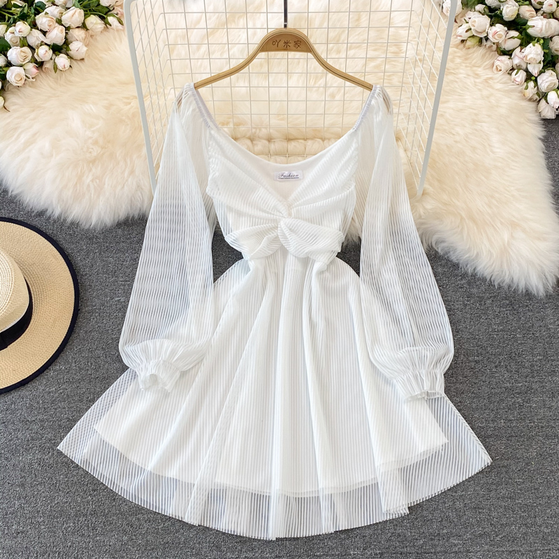 White V Neck Short Dress A Line Long Sleeve Dress on Luulla