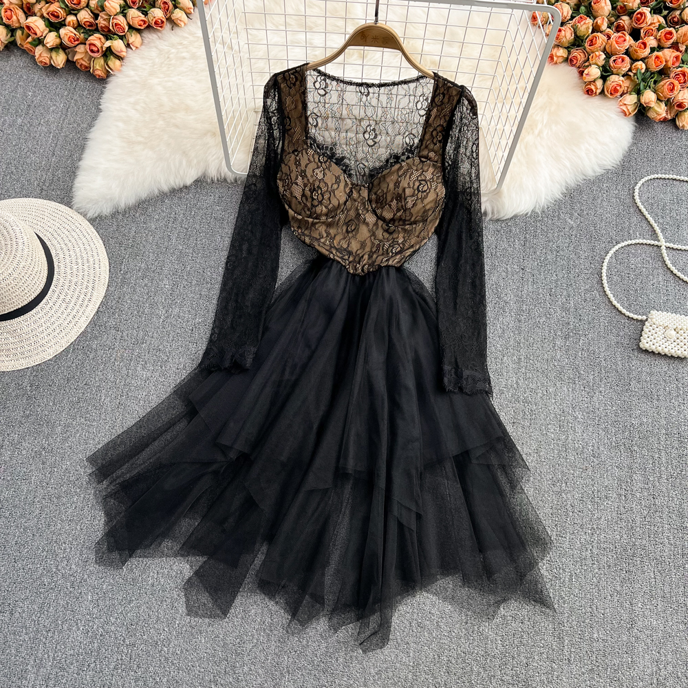 Simple Irregular Lace Dress Long Sleeve Fashion Dress