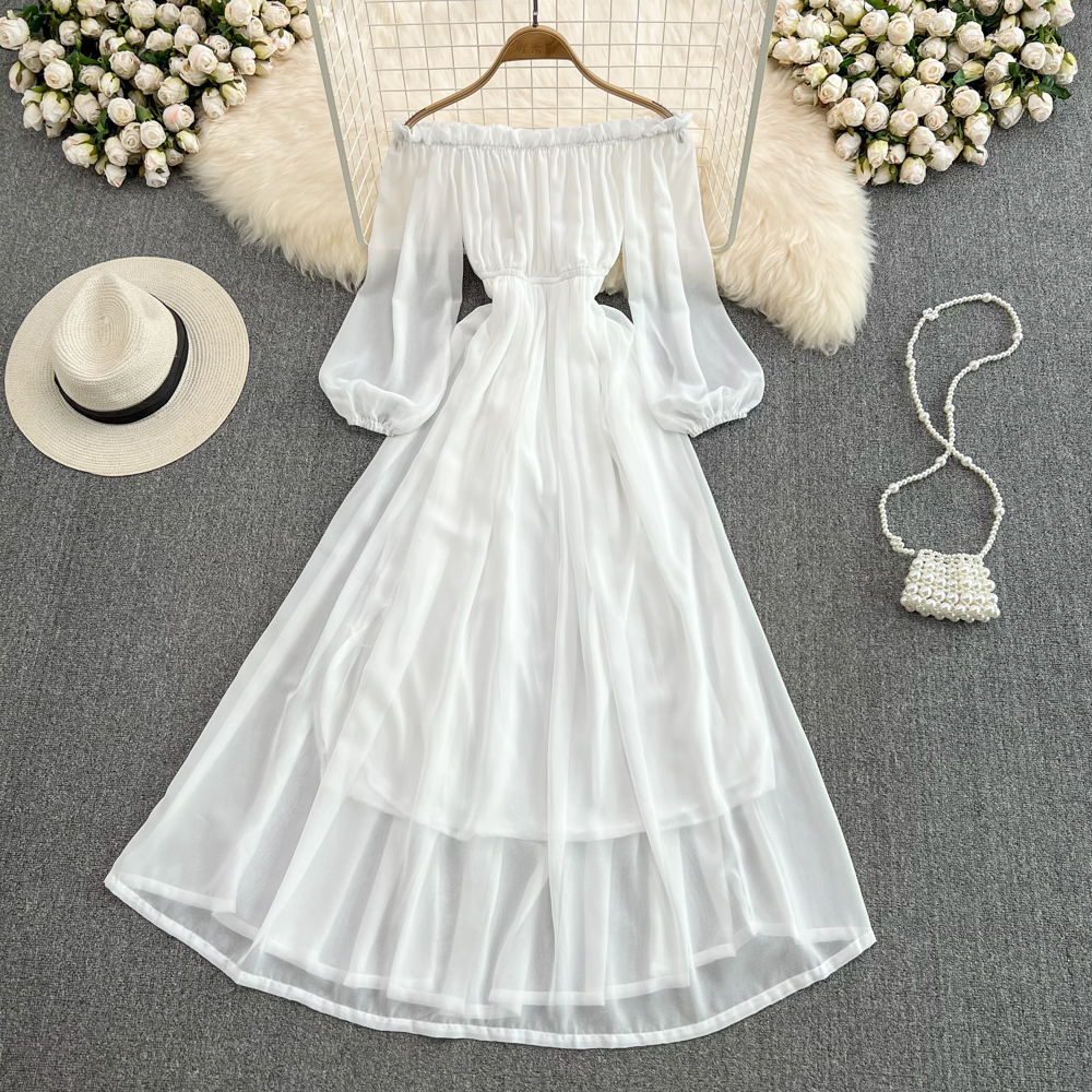 Long Cap Sleeves Chiffon Dress with Lace Top White