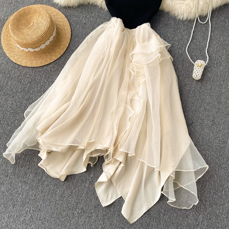 Square Neck Long Sleeve Tulle Short Dress Champagne