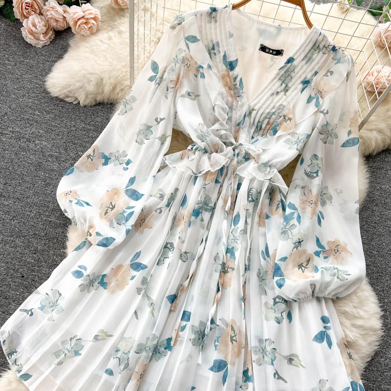 V-neck Cap Sleeves Pleated Floor-length Dress White main image 1