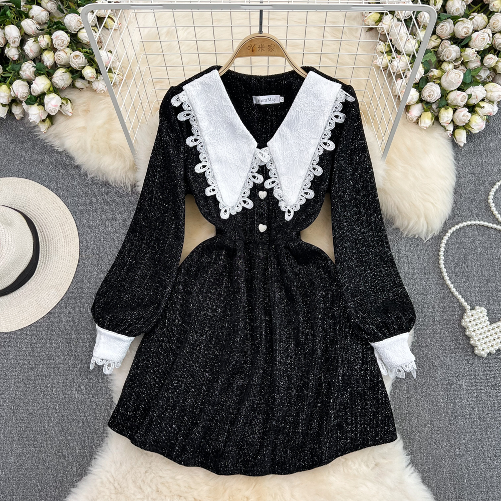 Black A-line Long Sleeve Dress, Black Fashion Dress