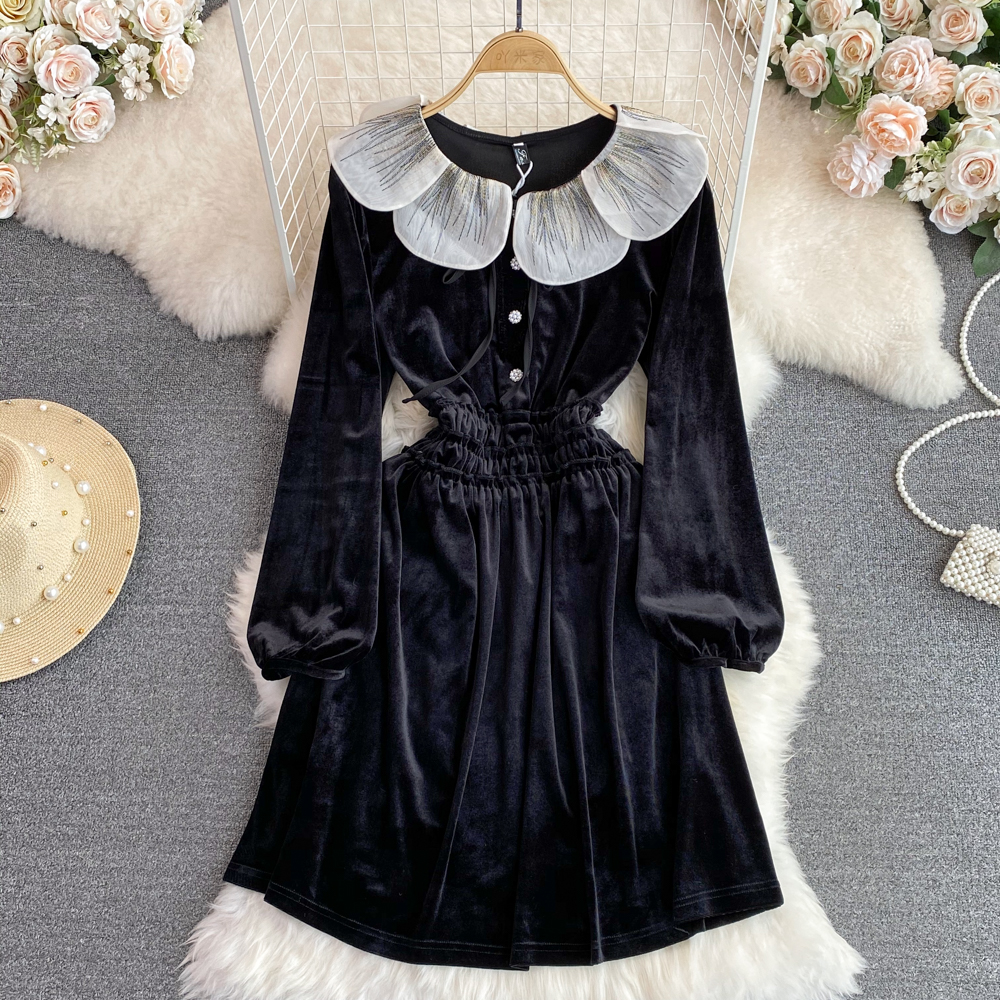 Black Velvet A-line Long Sleeve Dress, Black Fashion Dress