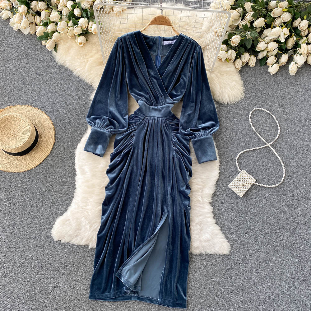 Blue V-Neck Velvet Dress, Long Sleeve Fashion Dress