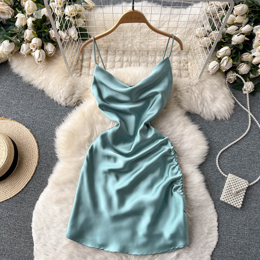 sachin and babi light blue dress Casual V Neck Slit Open Back Long Satin Dresses main image 1