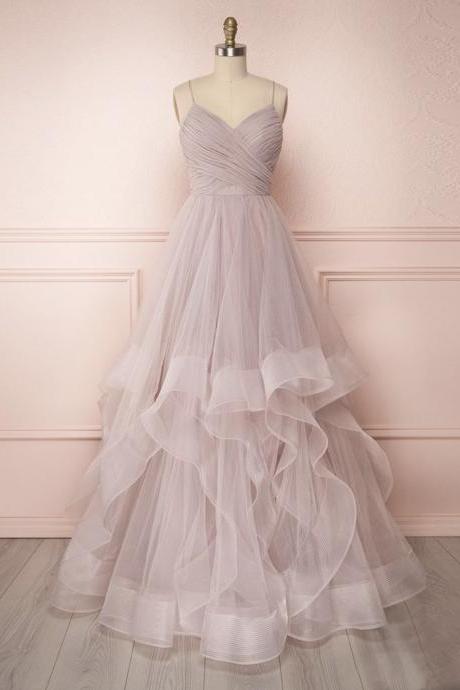 Pink V Neck Tulle Long Prom Dress Evening Dress