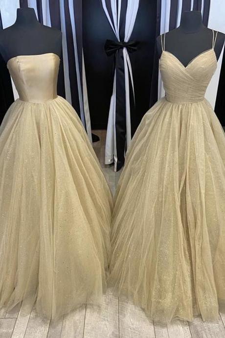 Champagne Tulle Long Prom Gown Evening Dress