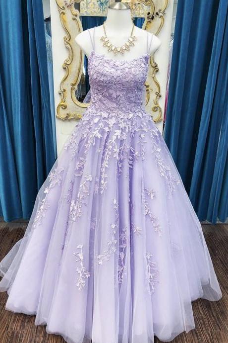 Purple tulle lace long prom dress formal dress