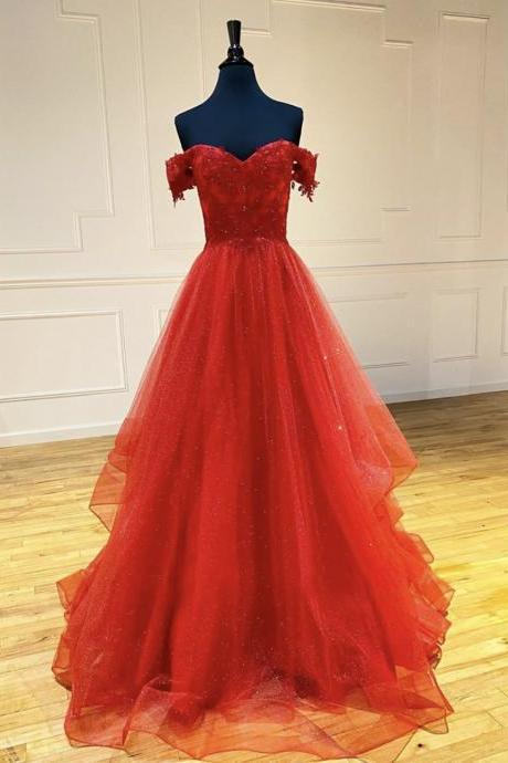 Red Tulle Lace Long Prom Gown Evening Dress