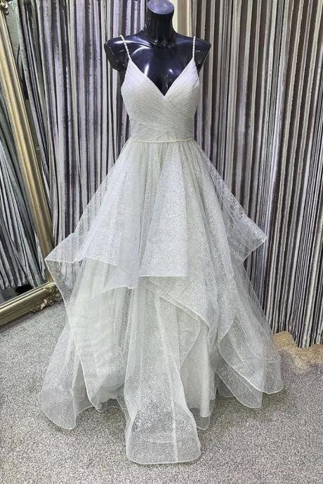 Gray V Neck Tulle Long Pro Gown Evening Dress