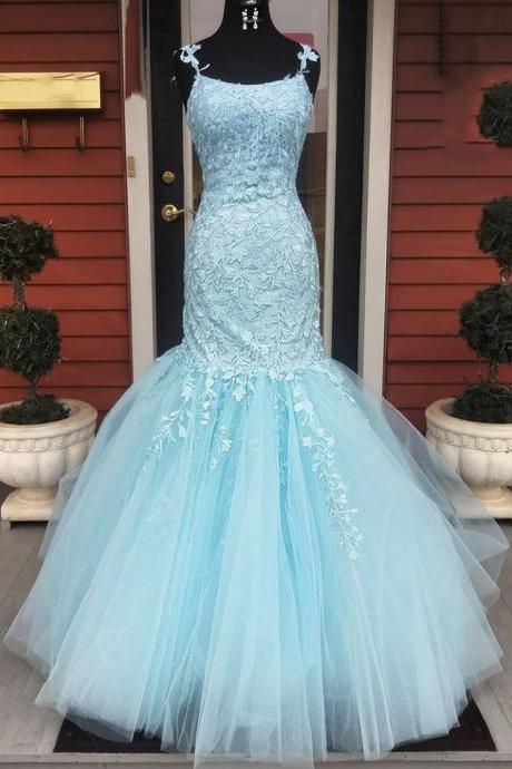 Blue lace tulle prom dress mermaid evening dress