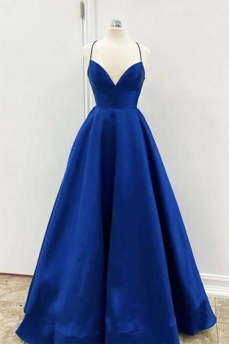Simple Blue V Neck Satin Long Prom Dress
