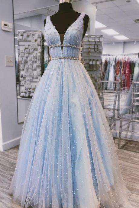 Light blue tulle pearl long prom dress formal dress