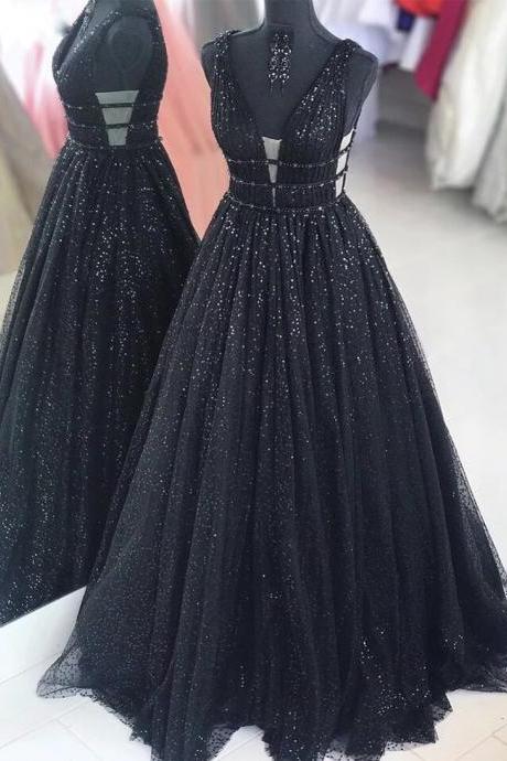 Black V Neck Tulle Sequins Long Prom Dress