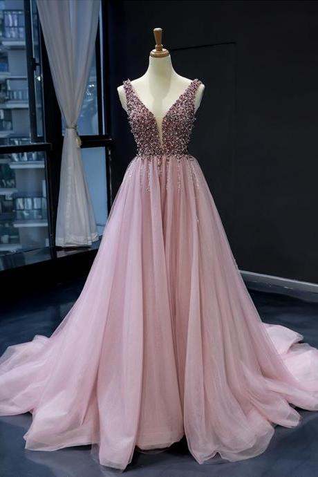 Pink V Neck Tulle Beads Long Prom Dress Evening Dress
