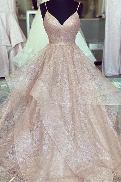 Pink V Neck Tulle Sequins Long Prom Dress