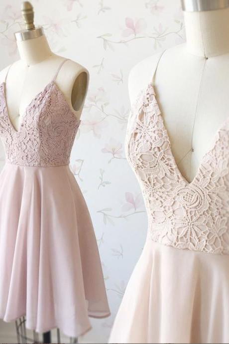 Pink Chiffon Lace Short Prom Dress Party Dress