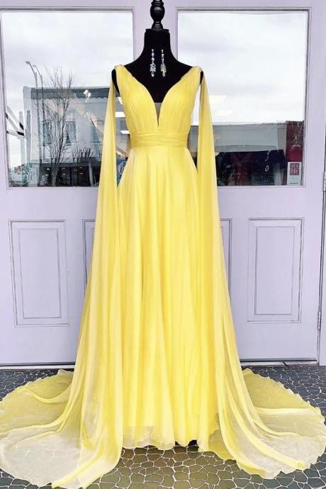 Yellow V Neck Chiffon Prom Dress Evening Dress